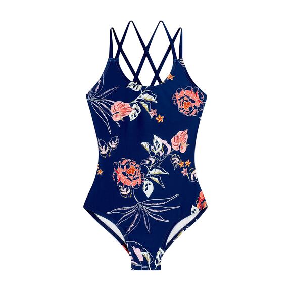 Kanu Surf Girls UPF 50 Beach Sport Criss-Cross One Piece Swimsuit, Reese Navy 12 - Picture 1 of 6